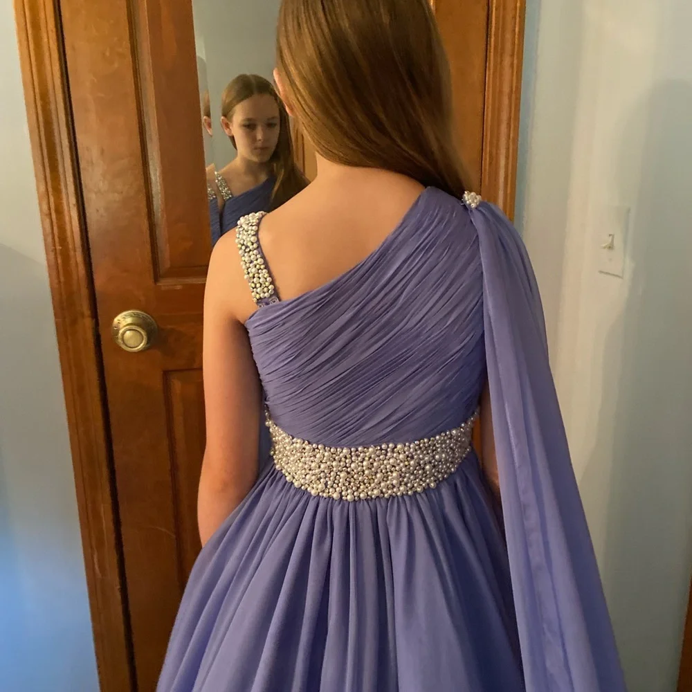 Morgan Jeff Pageant Dress in Periwinkle with Pearl and rhinestone detail - Picture 6 of 9